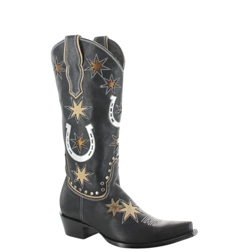Old Gringo Lucky Star Western Cowboy Boots, Black with Gold Stars and Silver Horseshoes, Handcrafted Leather, Side Zippe
