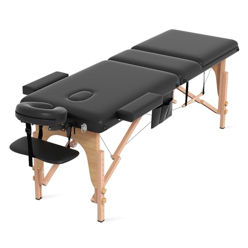 ABET Portable Massage Table, 3 Folding Professional Lash Bed Tattoo Spa Facial Bed with Face Cradle, Wood Frame & Accessories Carrying Bag, Black - Thumbnail 5
