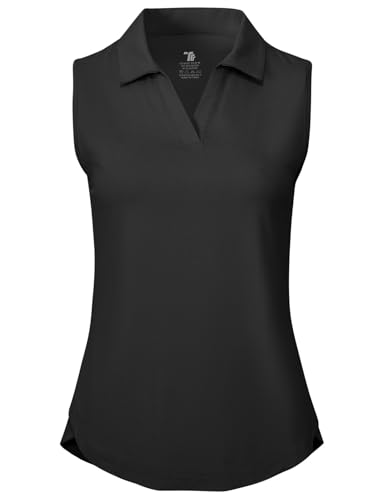 Bgowatu Women'S Golf Polo Shirts Sleeveless Collared V Neck Tennis Tops Dry Fit Upf 50+ Workout Tank Lightweight Black L