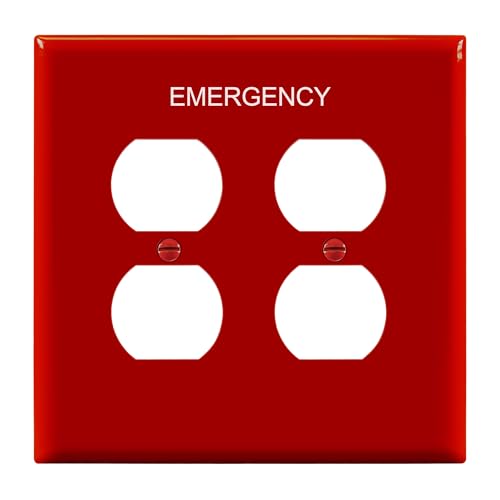 Image of ENERLITES Double Duplex Wall Plate with Emergency Label, Two Gang Electrical Outlet Cover, Mid-Size 2-Gang 4.88 inch x 4.92 inch, Unbreakable Polycarbonate Thermoplastic, UL Listed, 8822M-ER, Red
