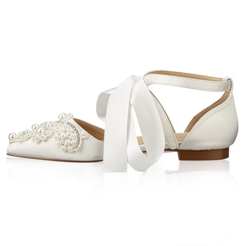 Women's Wedding Flat Pearl Rhinestone Pointed Toe Ivory Satin Ribbon Tie Bridal Shoes3