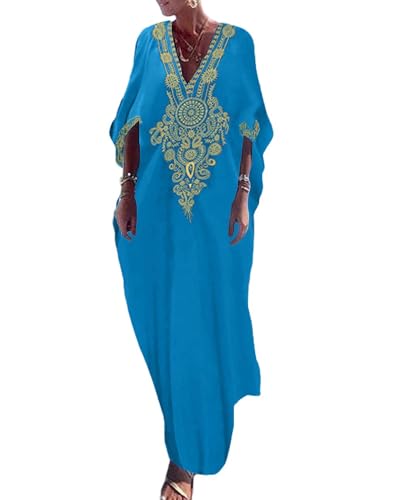 Bsubseach Gold Embroidery Long Kaftan Dresses V Neck Caftan Dress Beach Cover Ups for Women Embroidery