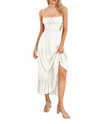 Image of Owl's-Yard Women Ruffle Spaghetti Strap Dress Sexy Backless Tiered Flowy Sundresses Boho Beach Long Dress Clubwear