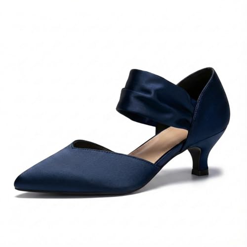 GotSoft Womens Low Kitten Heels Pointed Toe Slip on Pumps Ankle Strap Elegant Party Wedding Dress Shoes Navy Size 9