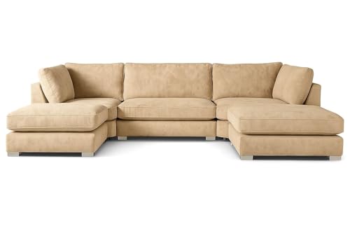 Alaska Corner Sofa - U Shape 6 Seater Sofas - Comfy U Shaped Large Back Couch - Sectional Cream Settees Couches with 2 Moveable Footstool for Living Room (Beige)