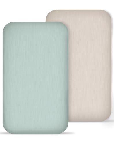 Image of Muslin Bedside Bassinet Sheets 2 Pack, 33x20 Fitted Ultra Soft & Breathable Bedside Sleeper Sheets, Ideal for Baby Girl and Boy, Perfect for Newborns (Beige & Sage)