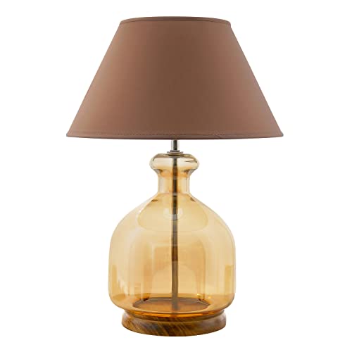 Image of Alper Mini Amber Luster Glass Table Lamp with Beige Cotton Shade | Modern Designer Bedside & Living Room Decorative Table Light (Bulb Included)