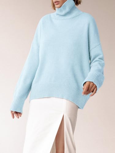 YKR Women's Turtleneck Sweater Chunky Long Sleeve Knitted Pullover High Low Hem Sweater 2023 Fall Winter Sweater Top Babyblue S4