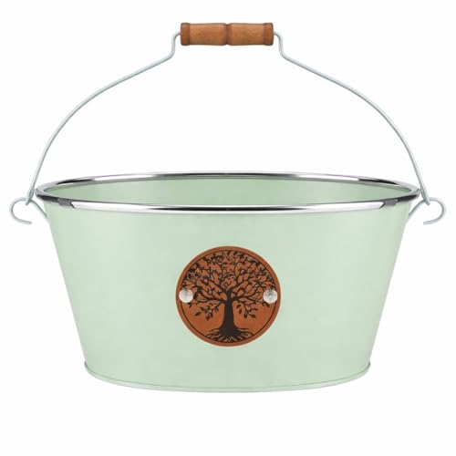 Image of Quickdraw Supplies Metal Plant Pot Indoor Outdoor Planter Oval Herb Flower Garden Window Box with Handle – Steel Decorative Bucket Planter with Wooden Grip, Tree of Life Design 22cm (Sage Green)