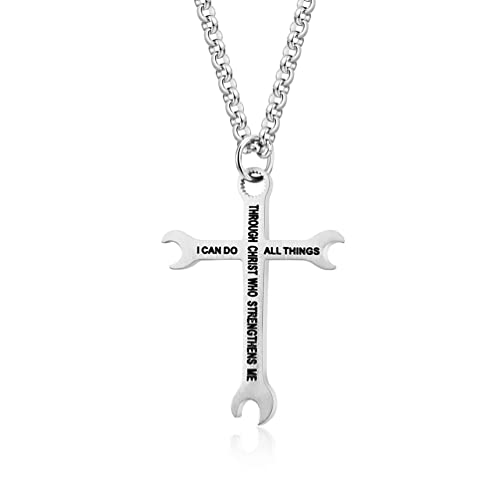 Men Wrench Cross Necklace,Stainless Steel Silver/Gold/Black I Can Do All Things Inspiring Bible Verse Pendant Necklace Christian Jewelry,60cm Rolo Chain