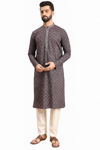 Image of Amazon Brand - Tavasya Men Rayon Geometric Embroidered Mandarin Collar Straight Kurta
