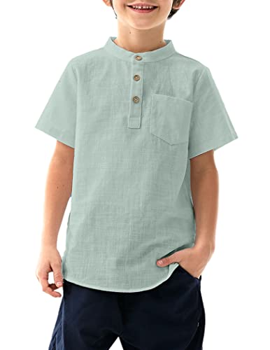 Arshiner Boys Cotton Linen Henley Button Down Shirt Short Sleeve Casual Dress Beach T Shirts With Pocket Light Green #TOP5