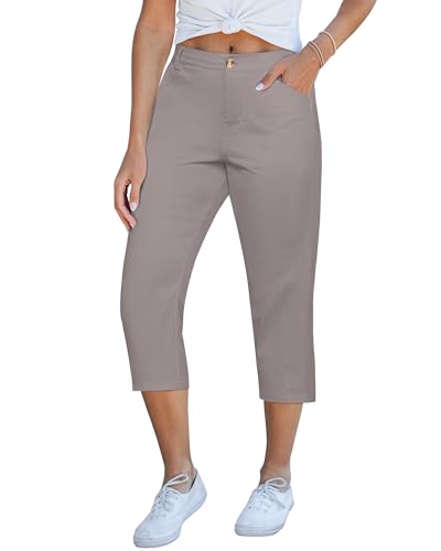 GRAPENT Capri Pants for Women Summer High Waisted Cotton Elastic Waist Dressy Casual Office Work Capris Trousers Pants