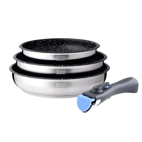 Arthur Martin AM9728 Set de 3 poêles avec revethement anti adhérent Acier Inoxydable Poignée amovible Tous feux dont induction