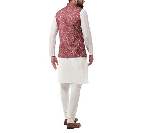 Image of SOJANYA (Since 1958, Men's Silk Blend Pink Kurta Pyjama & Printed Nehrujacket Combo