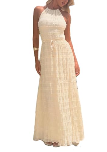 Image of Argeousgor Women Halter Neck Backless Summer Dresses 2025 Sleeveless Tiered Ruffle A-Line Flowy Cocktail Party Maxi Dress