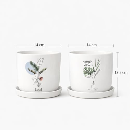 Image of Xtore Aureflora Ceramic Planter with Drainage Tray | Artistic Floral Print Pot for Home, Study Table & Window Decor - (White, 2 Piece, Planter ONLY)