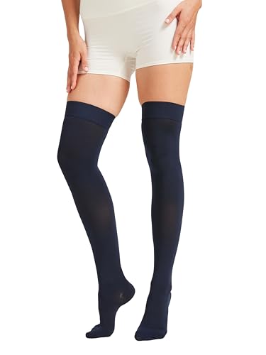 Image of NURCOM 15-20 mmHg Medical Compression Stockings with Dot Silicone Band, Closed Toe Thigh High Compression Socks for Women & Men, Graduated Support Stockings for Varicose Veins, Edema, Navy Blue,Small