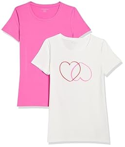 Amazon Essentials Damen T-Shirt mit kurzen Ärmeln und Rundhalsausschnitt in normaler Passform, 2er-Pack, Rosa/Weiß Herzen, L