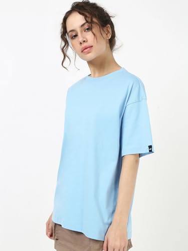 Image of Bewakoof Women's Solid Oversized Fit Half Sleeve Round Neck Cotton Jersey T-Shirt