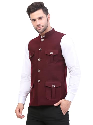 Image of FH Wearza Polywool tweed Solid multipocket Sleeveles Nehru Jacket For Men