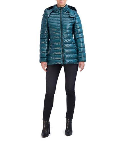 Cole Haan Women's Pearlized Faux Down Jacket with Removable Hood