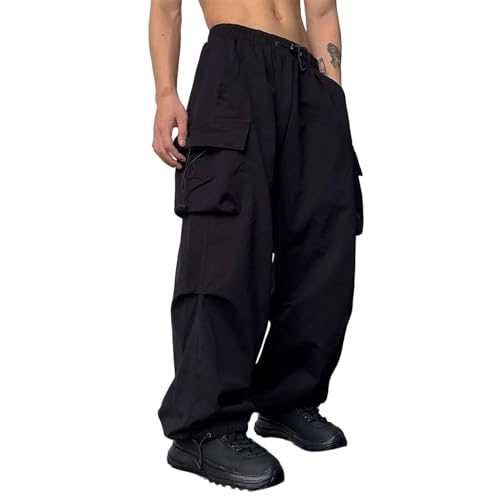 Mens Baggy Cargo Pants Drawstring High Waist Casual Parachute Pants Loose Fit Hip Hop Trousers Streetwear Big&Tall