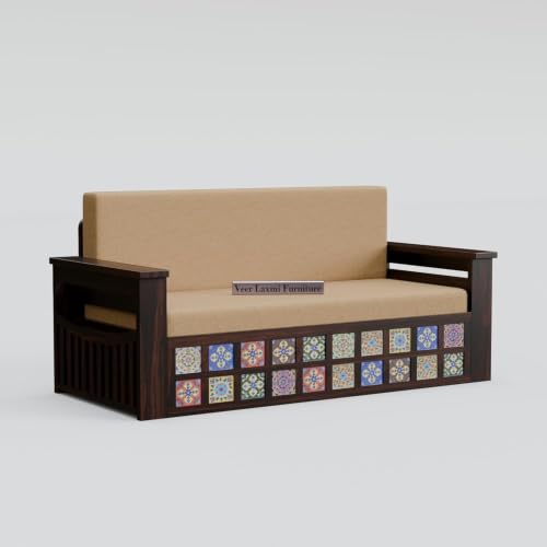 Image of Wooden Sofa Cum Bed for Living Room | Convertible Sofa Bed with Storage | 3 Seater Foldable Sleeper Sofa | Solid Wood Pull Out Sofa Bed with Mattress for Home & Guest Room (Walnut, Anna)