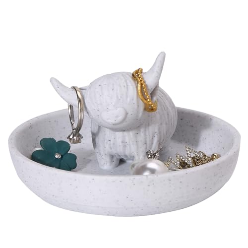 Awsaccy Highland Cow Ring Holder with Circular Dish, 3D Printed Plastic Farmhouse & Bohemian Style Cute Unique Women Gifts Stuff Ring Jewelry Plate Organizer for Bathroom Office Home Room Desk Decor - Thumbnail 4