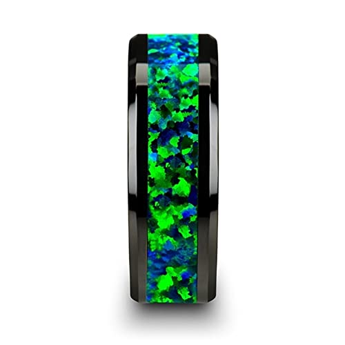 Roy Rose Jewelry Mens Black Ceramic Emerald Green & Sapphire Blue Color Opal Inlay Wedding Ring - Beveled Comfort Fit - 6mm 8mm Wide - Style Name: Pulsar2