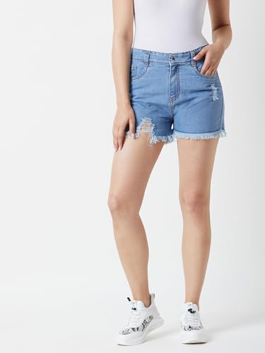 Image of Miss Chase Women's Relaxed Fit Mid Rise Highly Distressed Regular-Length Denim Shorts
