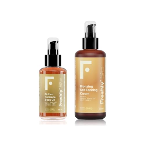 Freshly Cosmetics | Golden Bronze Body Pack | Autobronceador Corporal y Aceite Nutritivo | Pack Aceite + Crema 100ml + 200ml | Bronceado Natural Progresivo para Piel Luminosa