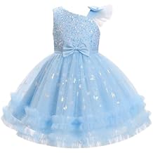 IMEKIS Pageant Dresses for Girls 1st 2nd Birthday Outfit Toddler Prom Sparkly Tulle Tutu Baby Tea Party Formal Kids Graduation Sequin Bow Asymmetric Shoulder Tiered Gown Blue Butterfly 18-24 Months