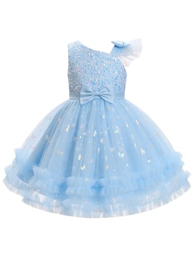 IMEKIS Toddler Baby Girls Pageant Dress Shiny Bow Asymmetric Shoulder Formal Birthday Party Tiered Tulle Gowns 1-8T