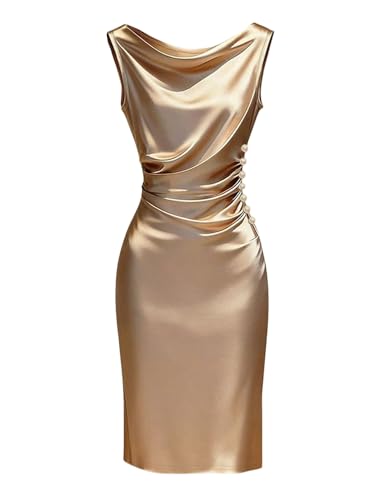 Image of GORGLITTER Elegant Cowl Neck Prom Dresses for Women UK Ruched Bodycon Wedding Guest Dress Apricot Medium