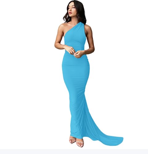 Image of Suillty Women's Sexy Oblique Shoulder Backless Maxi Dress Ruched Back Strap Sleeveless Party Club Long Dresses Bodycon Blue