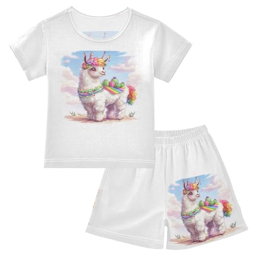 Llama Cactus Rainbow Pastel Pajama Set Short Sleeve PJS 2 Piece Summer Pajamas Shorts Sets Cotton 5Y