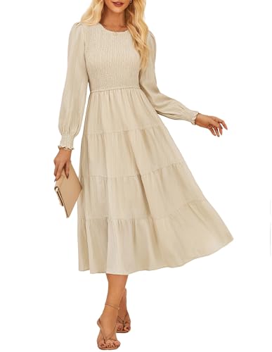 Boho Kleid Damen Rundhals Langarm A Linien Maxikleider Freizeit Sommer Herbst Kleid CL145-02/Aprikose M