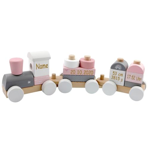 Holzzug Holz Eisenbahn rosa personalisierbar mit Name und Geburtsdaten Baby Geschenk mit Gravur