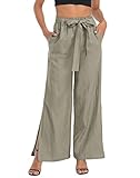 HDE Women's Linen Wide Leg Palazzo Pants Paperbag Flowy Boho Pant with Pockets Sage Green - M