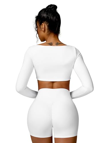 Image of ABOCIW Women Square Neck Long Sleeve Workout Crop Top Low Medium Impact Athletic Yoga Gym Shirts with Built in Bra(ONLY TOP)