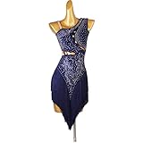 Women's Latin Dance Dress, Sexy Backless Sloping Shoulders Sleeveless Shiny Rhinestones Tassel Dress, Professional Competition Dance Skirt for Samba Tango Cha Cha Performance (Color : Navy Blue, Siz