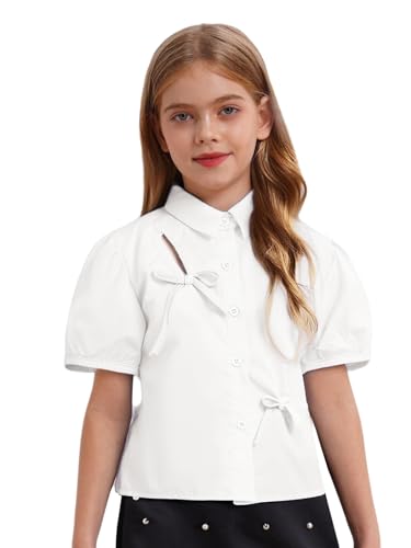 Kids Girls Puff Short Sleeve Blouse Cute Bow Tie Front Summer Top Collared School Button Down Shirt