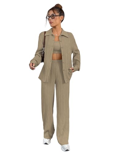 Image of Shasmi Women's 3-Piece Co-ord Set - Solid Button Front Shirt, Strapless Tube Top & Wide Leg Pants | Casual Loose Fit Western Outfit for Daily Spring /Fall Wear (Co-Ord-208)