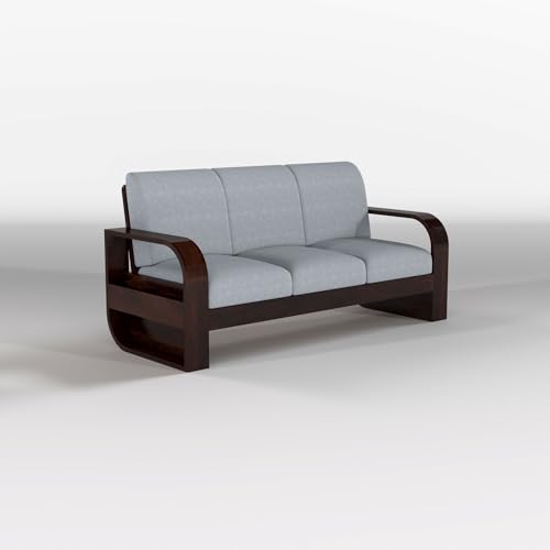 Image of Solid Sheesham Wooden 5 Seater Sofa Set Without Coffee Table with Grey Cushion for Living Room Furniture - Walnut Finish (3+1+1)