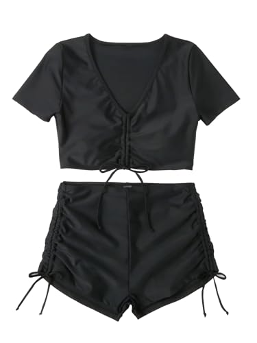 Lilosy High Waisted Tummy Control Drawstring Bikini Set Srting Swimsuit Short Sleeve Top and Tie Side Shorts 2 Piece2