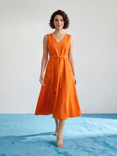 Image of PURVAJA Women's Fit & Flared Midi Length Sleeveless V-Neck Solid Dress