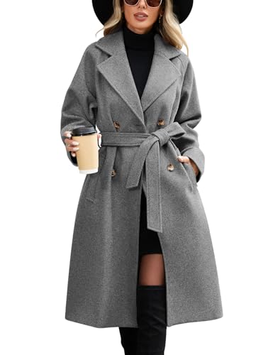 CMTOP Mantel Damen Lang Elegant Zweireihiger Trenchcoat Damen Revers Doppelreihiger Windjacke Warme Klassische Übergangsmantel Langer mit Gürtel und Tasche für Frühling...