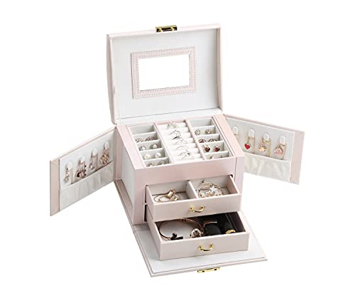 Jewelry Box Earrings Bracelets Rings, Jewelry Box with Mirror and Drawers, Jewelry Gift Boxes, Jewelry Organizer with Lock-Pink