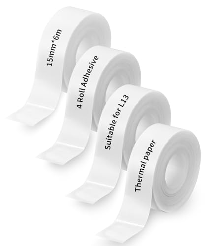 Cinta de etiquetas compatible con 15 mm x 6 m,4 Rollos etiquetas autoadhesivas,para cables L13 Papel impermeable antiaceite para cables,Etiquetas Adhesivas Térmicas Fácil de Cortar Blanco